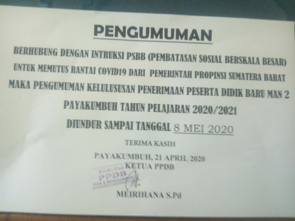 Penundaan Pengumuman Calon siswa Baru TP 2020/2021