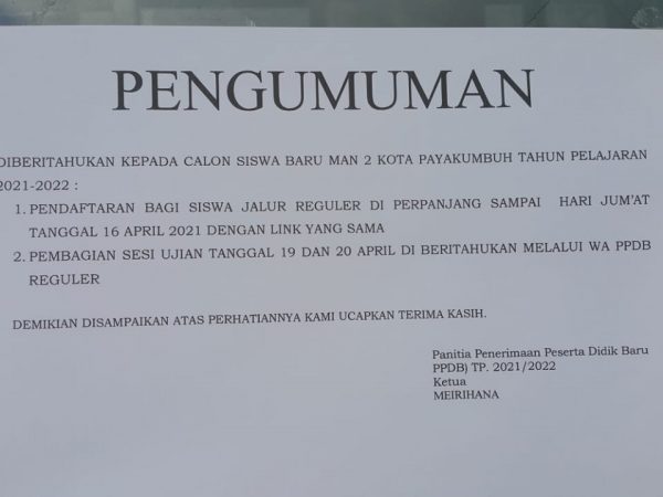 PENGUMUMAN PERPANJANGAN MASA PENDAFTARAN PPDB 2021/2022